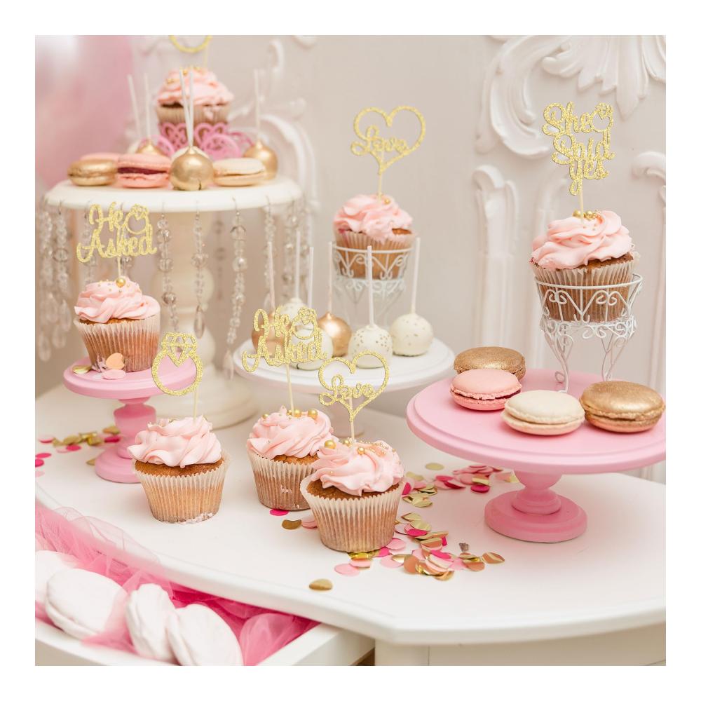 Tortendekorationssets Goldene Cupcake-Topper mit He Asked She Said Yes Aufschrift für Hochzeit Verlobung und Partys - 24 Stück Glitzer Diamant Ring Herz Liebe