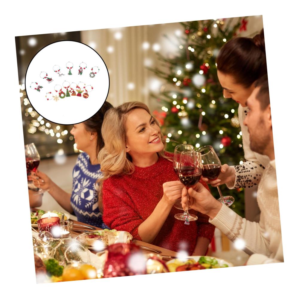 Weihnachtszauber im Glas - 12er Set Weinglasringe & -anhänger aus Silikon & Legierung. Individuelle Weinidentifikatoren für die Feiertage! Premium-Geschenk für Weinliebhaber