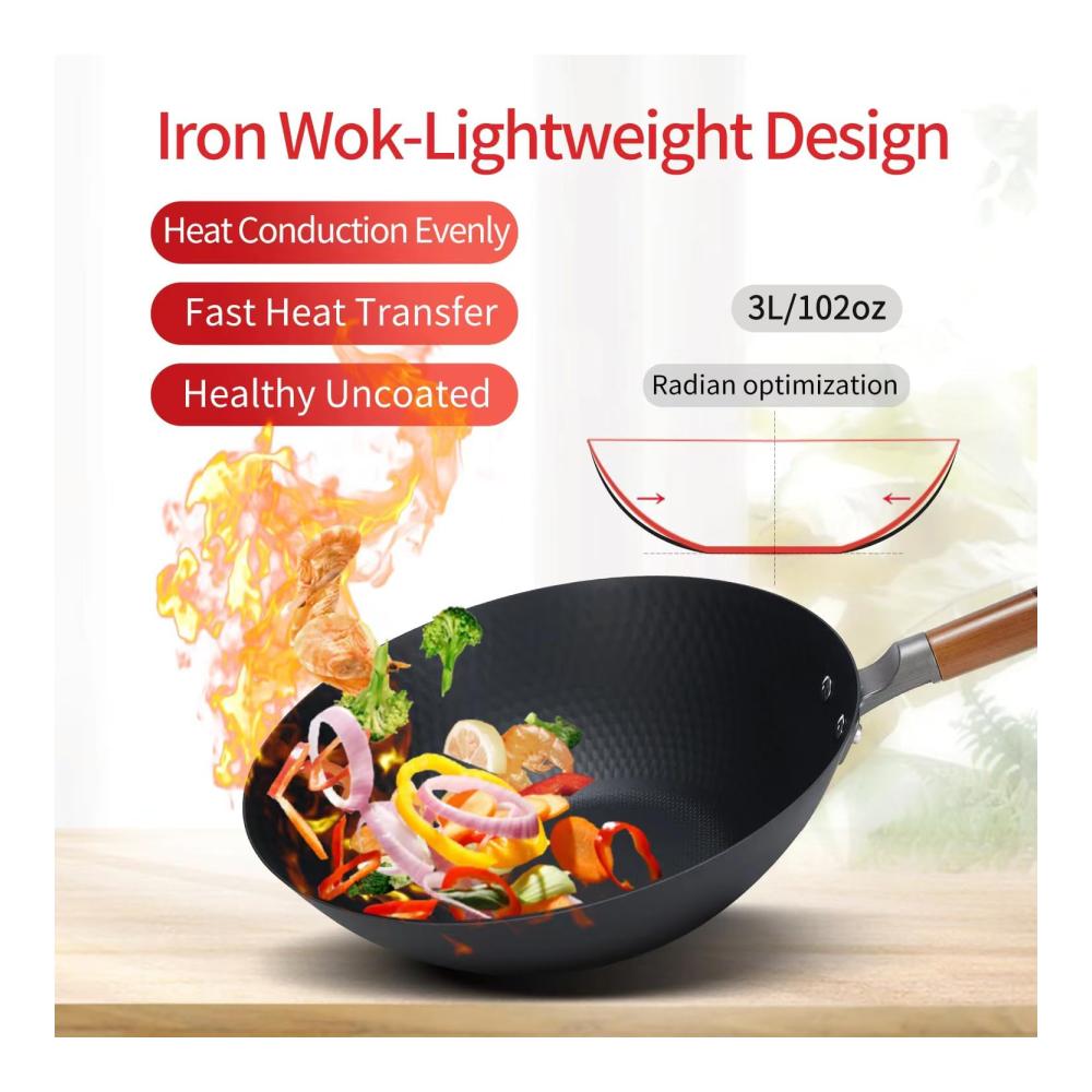 Premium Karbonstahl Wokpfanne 30cm | Für Gesundes Kochen Braten & Schmoren | Ohne Chemische Beschichtung | Flacher Boden Wok für Induktion Gas & Mehr | Inkl. Re