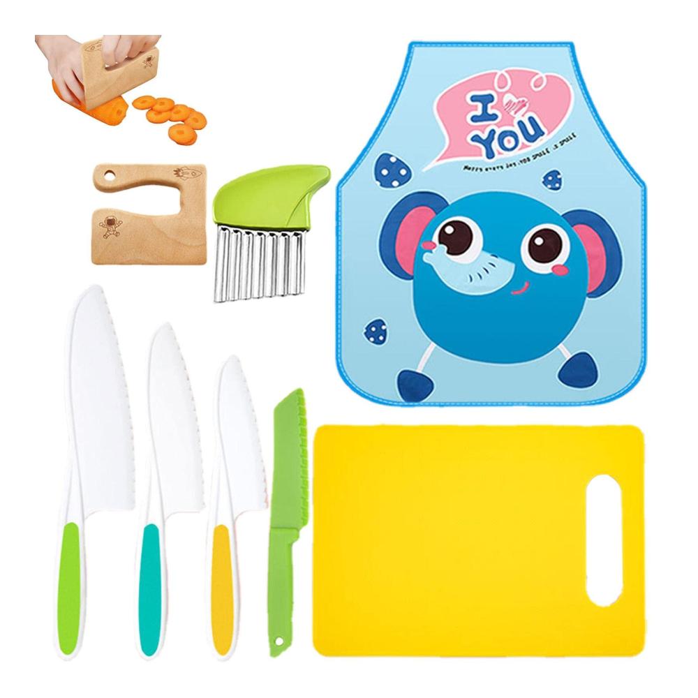 Kinder-Küchenmesser-Set aus Holz | Sicherheit beim Kochen | 8-teiliges Set mit kinderfreundlichen Wellenschliffmessern | Ideales Starter-Set für junge Köche
