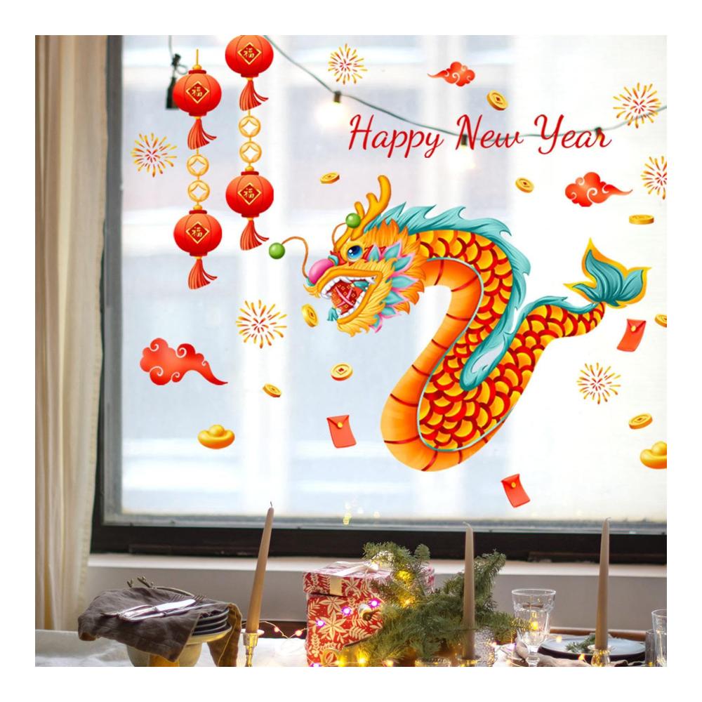 Frohes Neues Jahr 2024 Sticker Fensteraufkleber für das Jahr des Drachen | Dekoration für Glück und Fortune | Monddrachen-Jahr Wandkunst - Statische Lvtfco
