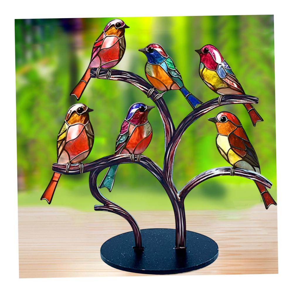 Bunte Statuen Elegante Glasvögel auf Ast - Deko für Zuhause & Büro Geschenkidee - Lebendige Tischdekoration mit 6 Vögeln