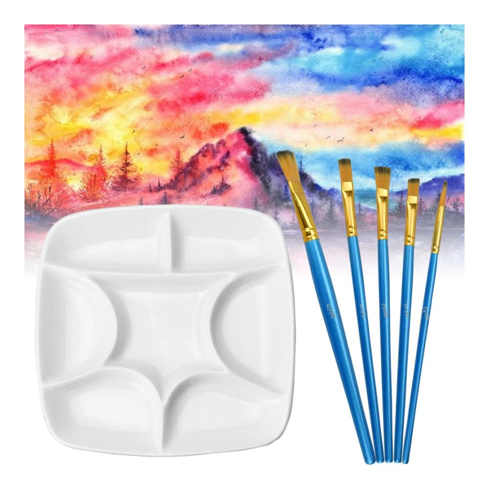 Kreativer Malkasten RECHCIGA Keramik Malerei Palette mit Pinselset für Acryl Aquarell & Ölfarben - Perfekt für Künstler & Hobbyisten - Wasserabweisende Mischpalette mit 8 Farbkammern