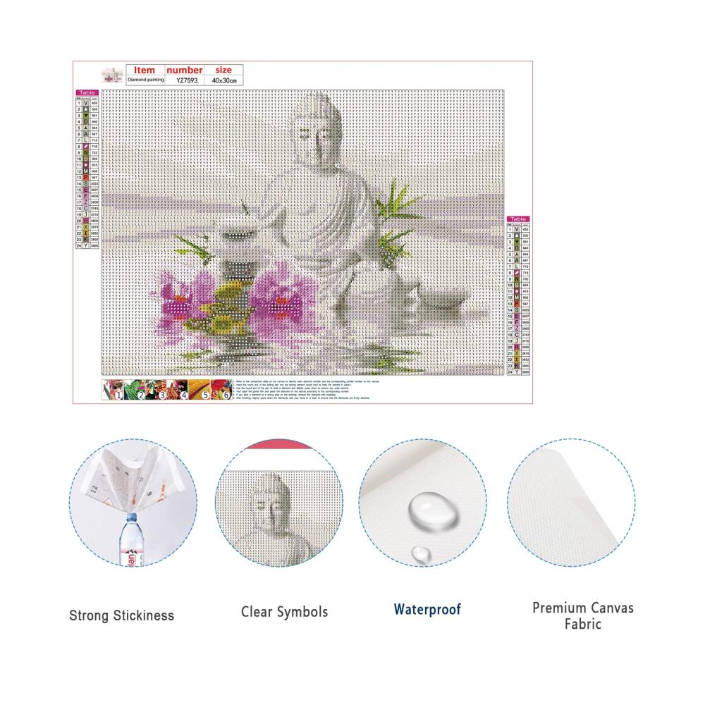 Diamant Malerei Buddha Orchideen Set | Vorbedrucktes Kreuzstich Kit für Erwachsene | 40x30cm Buddha Bild zum Sticken mit Diamanten | Malen nach Zahlen für Anfänger | DIY Diamond Painting