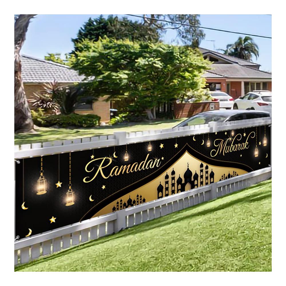 Ramadan Mubarak Dekorationen - Großes 300 x 50 cm Stoffbanner mit muslimischem Ramadan Kareem & Eid Mubarak Motiv - Schwarz & Gold - Perfektes Partyzubehör für Fotokabinen & Hofzaun-Dekorationen