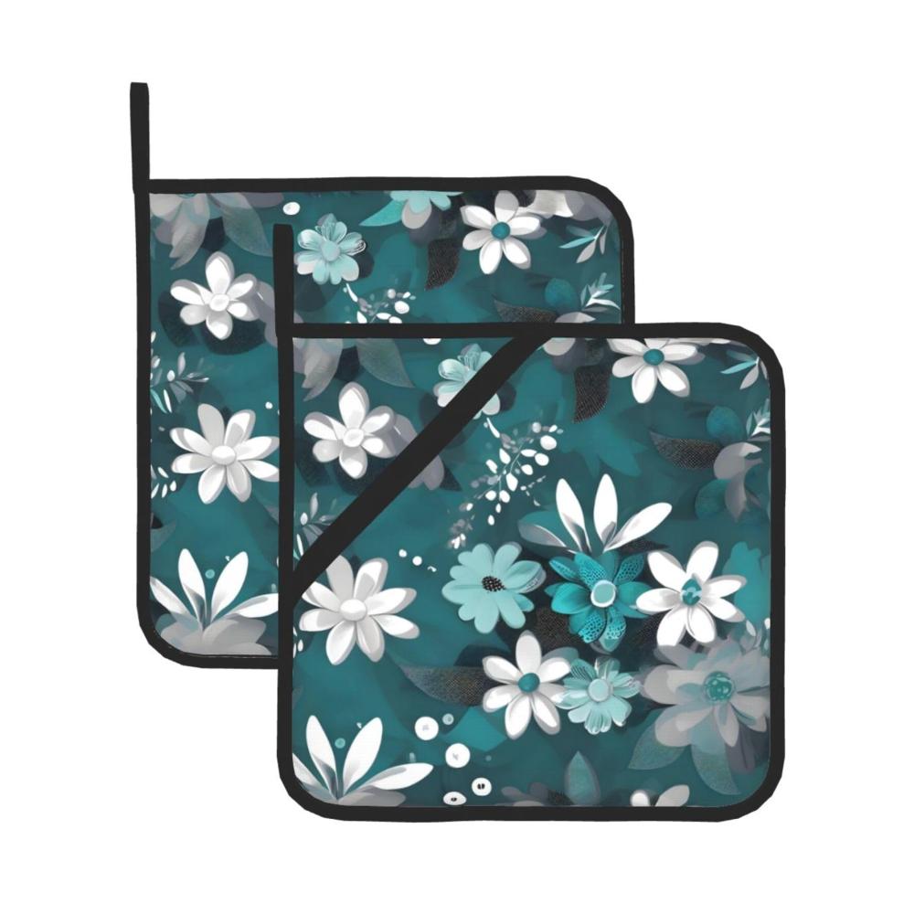 Isolierte Topflappen-Set (2-teilig) 203 x 203 cm Blaugrün/Weiß Blumendruck dick & langlebig - Verbrühungssicher & leicht zu reinigen - Perfekter Schutz für Ihre Hände beim Kochen & Backen