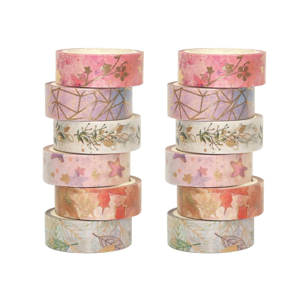12er Pack Washi-Tape mit Blumenmuster 15mm breit Goldfoliendruck - Japanische Klebebänder für Scrapbook Bullet Journal Geschenkverpackung - Buntes Dekorband (5m