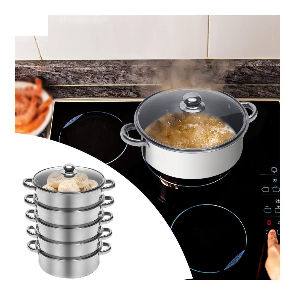 Erleben Sie kulinarische Meisterwerke 5-lagiger Edelstahl Dampfgarer mit Glasdeckel 26cm Durchmesser Biodampfkocher für gesunde Mahlzeiten Mantovarka Dampfkochtopf für Induktion und Küche