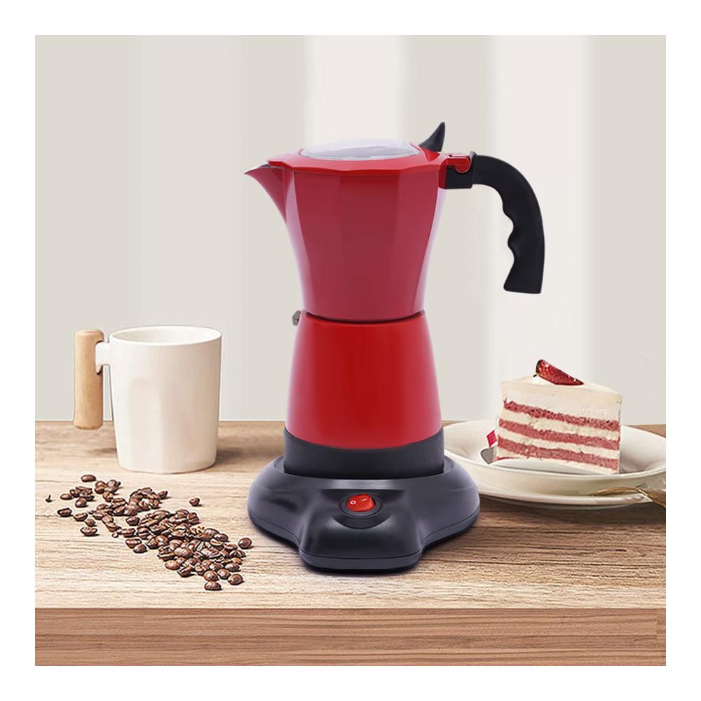 Hochleistungs-Espressokocher Elektrischer Espresso-Kocher mit 300ml Kapazität 6-Tassen-Basis 480W Aluminiumlegierung 360° drehbar für Büro und Zuhause (Rot