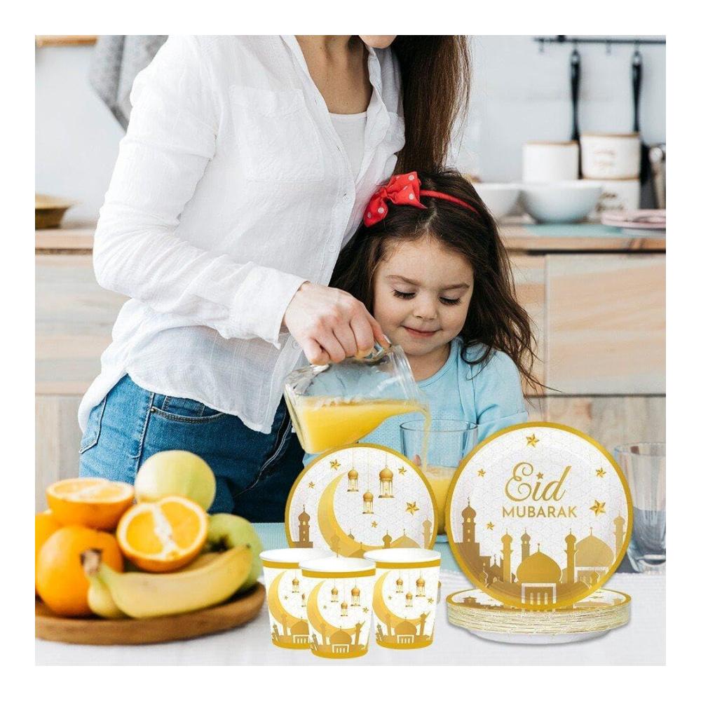 Entdecken Sie exquisite Teller 8-teiliges Mubarak Tableware Party-Set mit 49 Stück Papiergeschirr für die perfekte Eid-Zeremonie. Stilvolle Papierplatten Servietten und Pappbecher für unvergessliche Feierlichkeiten! Hochwertiges Design für Ihre festlichen Bedürfnisse