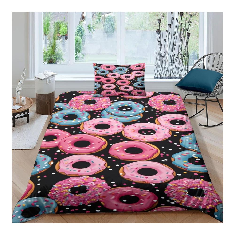 3D Gedruckte Rosa Donuts Bettwäsche Sets für Kinder | 3-teilig | Weiche Mikrofaser | Reißverschluss | Bettbezug und Kissenbezüge | Einzelgröße (135x200cm) | Mädchen & Jungen
