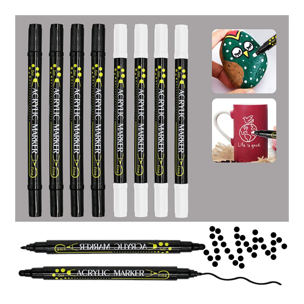 Entdecken Sie die Vielseitigkeit Premium Acrylstifte Set mit Dual Tip | Wasserfeste Marker & Filzstifte für Steine Grafti Acryl & mehr | 8 Stück Schwarz-Weiß