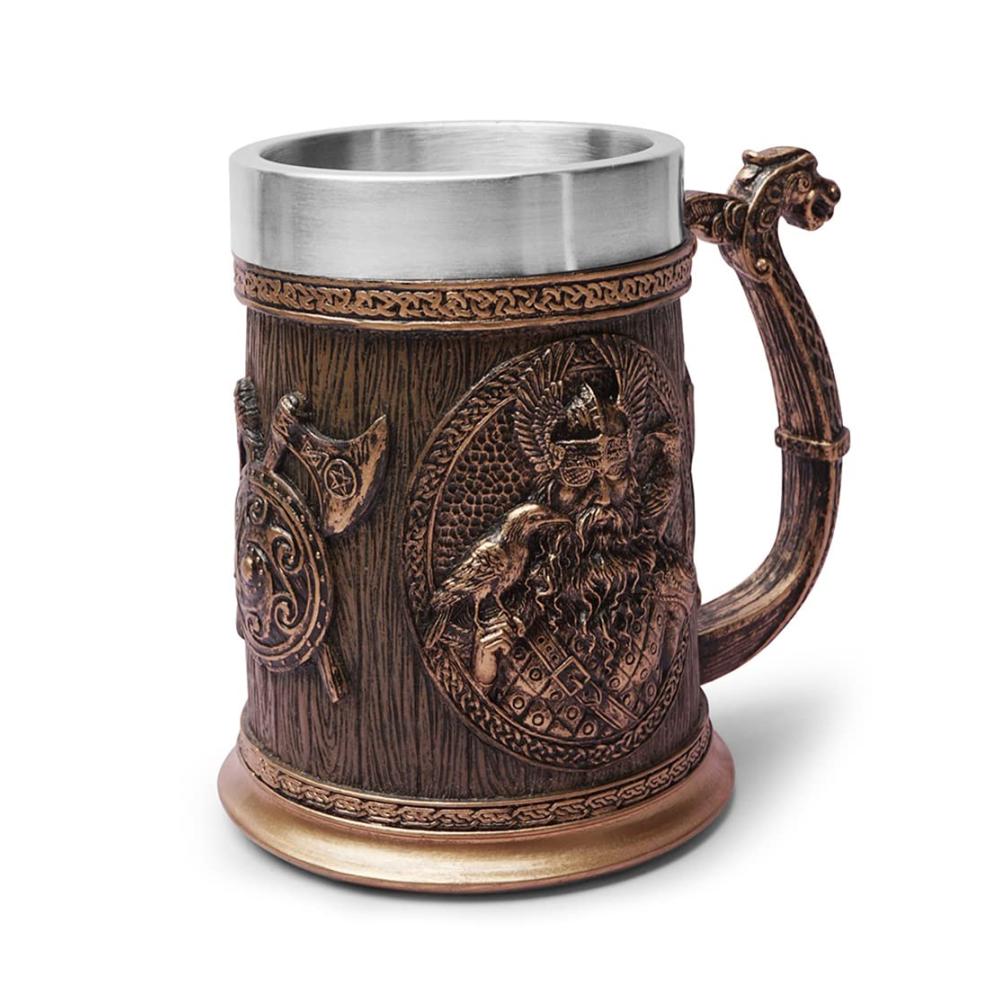 Rustikaler 3D Wikinger Krug Becher mit Thors Hammer Flaschenöffner - Handgefertigter Bierkrug für Männer - Perfektes Geschenk für Bierliebhaber und Vatertag - Odin inspirierte Bierkr