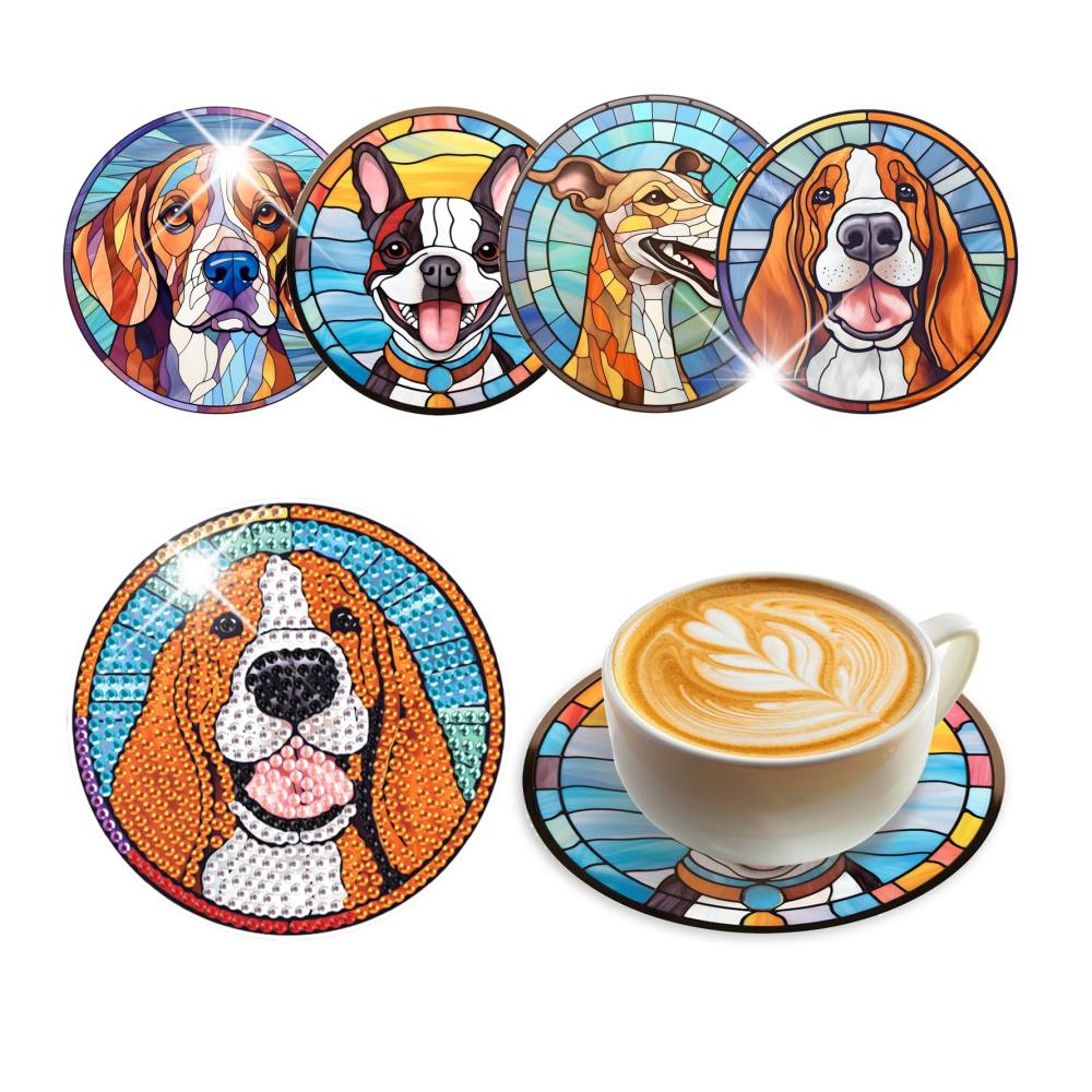 Entdecke den Glanz 4er Set Diamant Painting Untersetzer Hund | Tischuntersetzer für Kunstliebhaber | Dekorative Glasuntersetzer für stilvolle Getränke