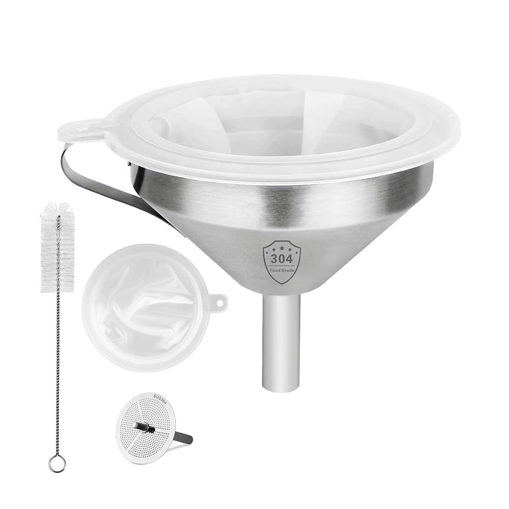 Premium Fettsiebtrichter Set - 4-teiliges Füllflaschen-Trichter-Kit | Abnehmbarer 200-Mesh-Filter in Lebensmittelqualität | Mit Griff und Reinigungsbürste - Perfekt für sauberes und m