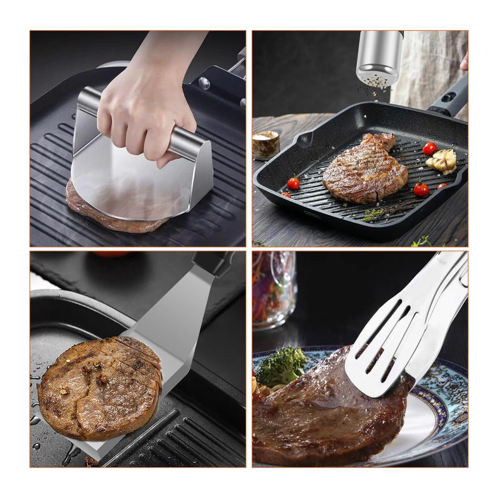Edelstahl Fleischhämmer & Burgerklopfer Set - Profi Burgerpressen Kit für saftige Patties - Inklusive Bratenspatel Lebensmittelzange Fleischpresse & Pfefferstreuer - Premium Zubereitung von Burgersteaks