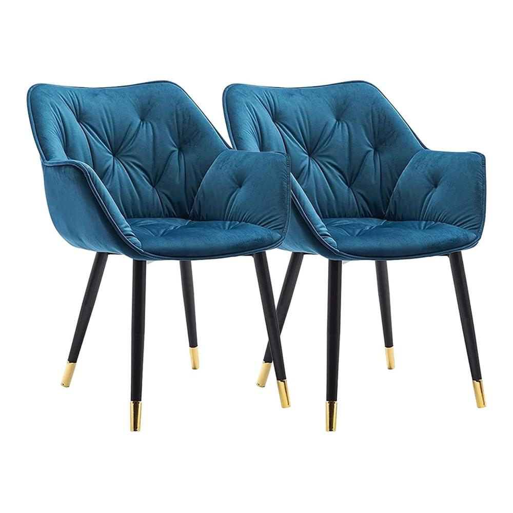 Entdecken Sie den Luxus Set mit 2 Esszimmerstühlen moderner Lounge-Beistellstuhl für Küche Wohnzimmer & Schlafzimmer. Samtbezug in elegantem Blau mit Metallbeinen und goldener Kante. Stilvolles Sitzvergnügen