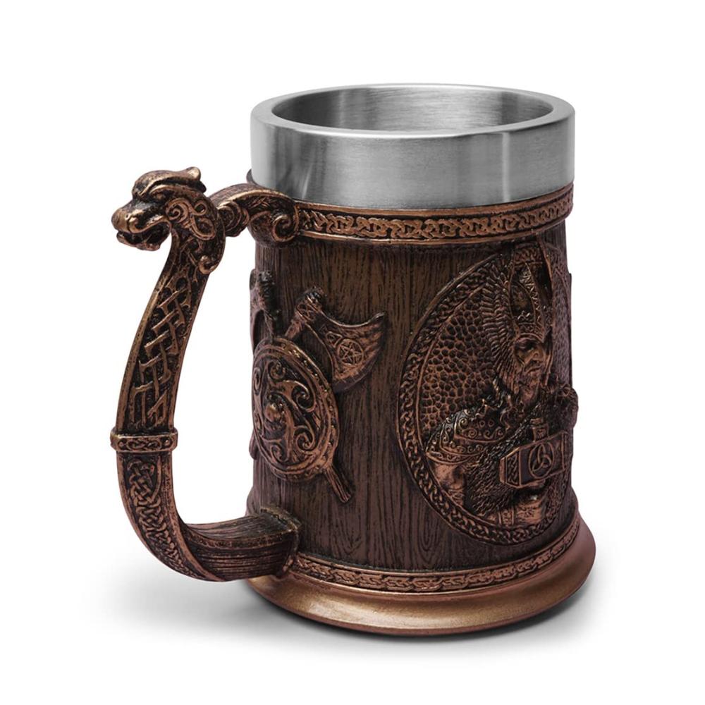 Rustikaler 3D Wikinger Krug Becher mit Thors Hammer Flaschenöffner - Handgefertigter Bierkrug für Männer - Perfektes Geschenk für Bierliebhaber und Vatertag - Odin inspirierte Bierkr