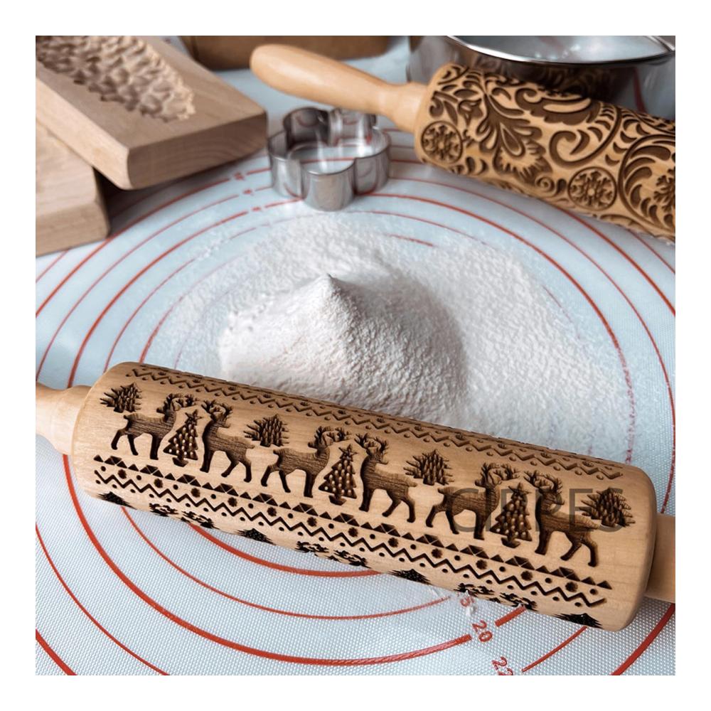 Holen Sie sich den festlichen Teigspaß! Teigroller Weihnachten - Buche Geschnitztes Nudelholz mit Weihnachtsmustern - DIY Backzubehör für die Feiertage - Ideales Geschenk für Backliebhaber