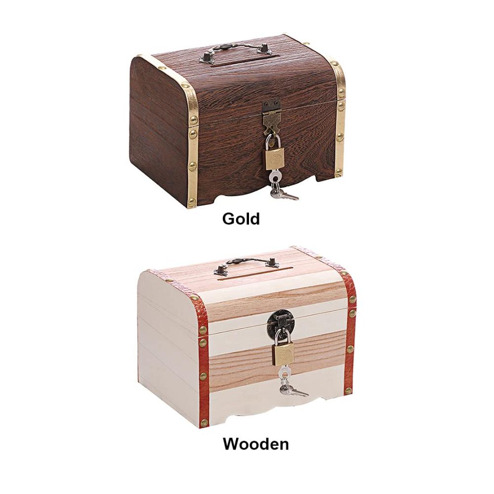 Holztruhe Sparschwein mit Schloss – Vintage Sparbüchse als Schatztruhe für Kinder – Piratenkiste Geschenkbox – Aufbewahrungsbox aus Holz