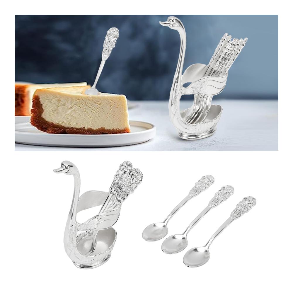 Entdecken Sie Eleganz mit unserem exklusiven 6-teiligen Mischpaletten-Set Swan-Ständer Kaffeelöffel Zuckertablett Organizer-Halter und Dessert-Teelöffel. Perfektes Tisch-Display für stilvolles Ambiente