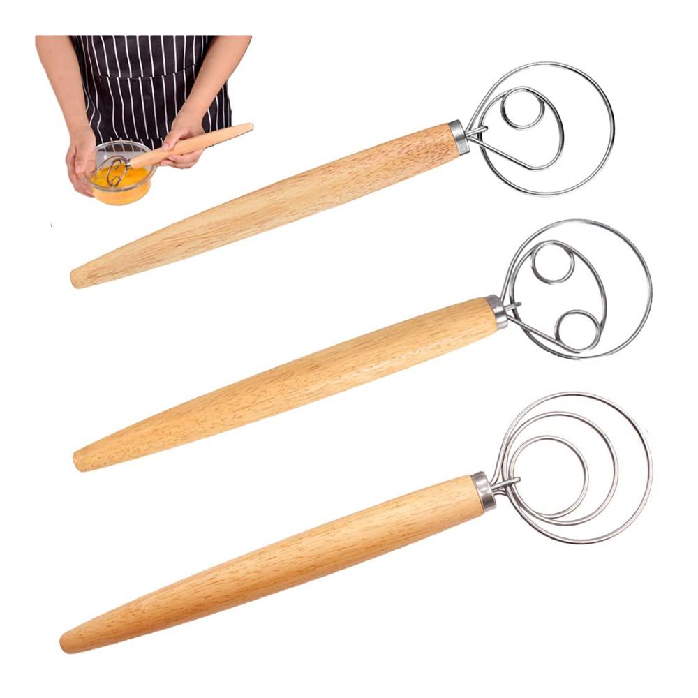 Professionelle Dänische Schneebesen Set | 3-teiliger Brotteig & Eierschläger | Holzgriff Mixer für Backen | Ideales Backwerkzeug für Brot Gebäck & Desserts | Robuste Qualität 13 Zoll
