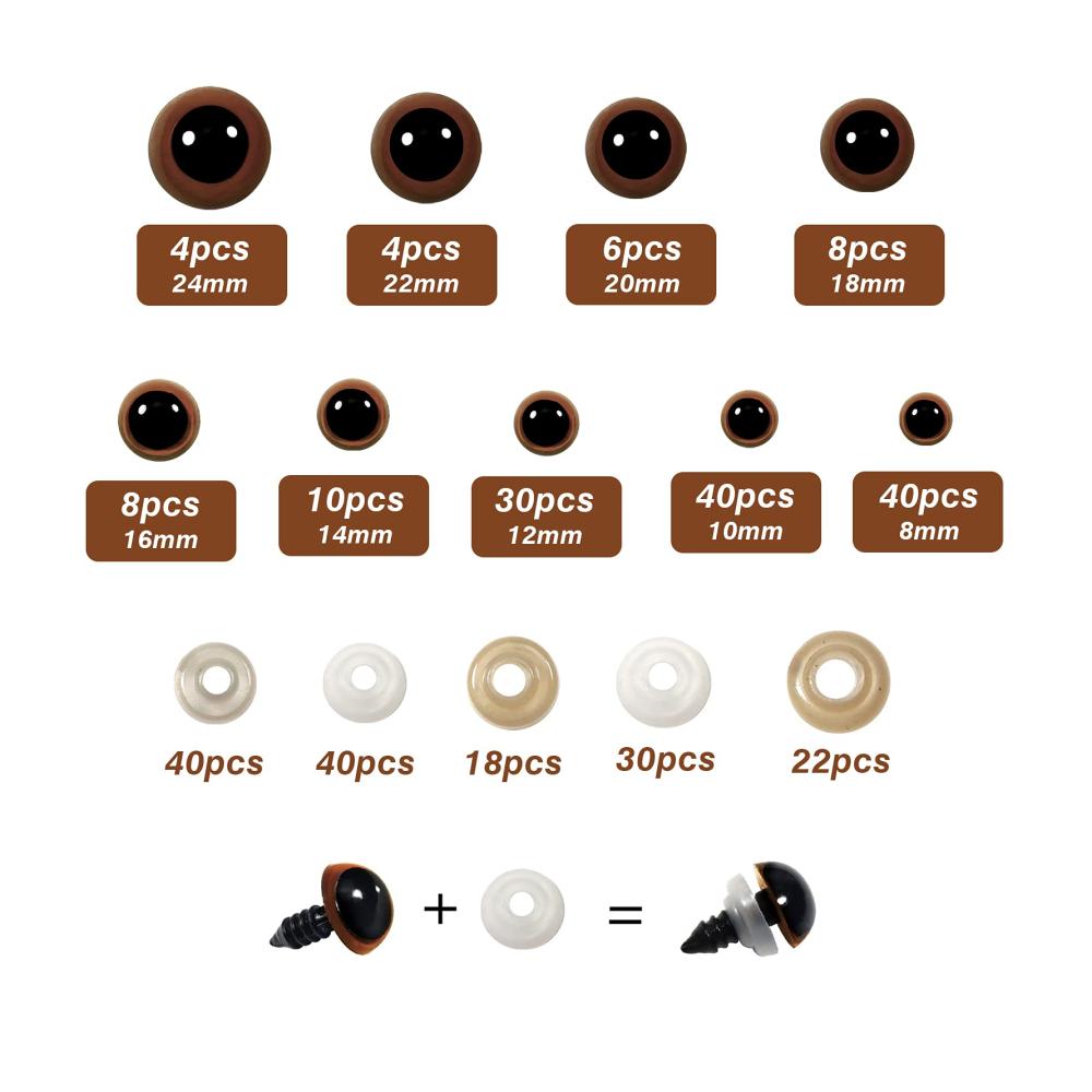 Augen-Set für Puppenherstellung 150 Stück braune Kunststoffaugen (8-24mm) mit Unterlegscheiben - Perfekt zum Häkeln Stricken & Basteln von Tierfiguren