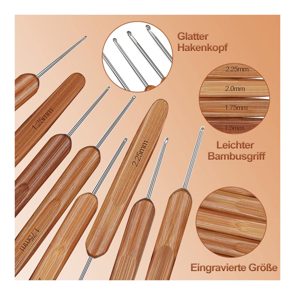 Aeelike Häkelnadeln Set aus Bambus - Leichtgewichtige Dünnhäkelnadeln für Arthritiker - Inklusive Edelstahlhäkelnadeln von 1.0 bis 2.75 mm - Perfekt für Feine DIY Projekte Spitzenstricken und Perlenaufziehen