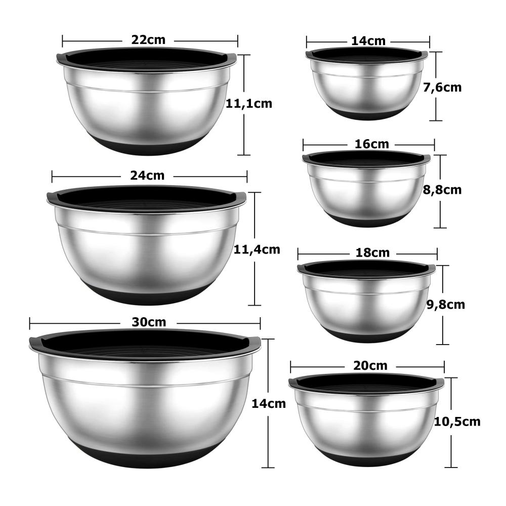 Premium Rührschüssel-Set aus Edelstahl mit luftdichten Deckeln und Silikonböden | Stapelbar & Spülmaschinenfest | 7-teilig in verschiedenen Größen | Praktisch für Küche und Backen | Schwarz