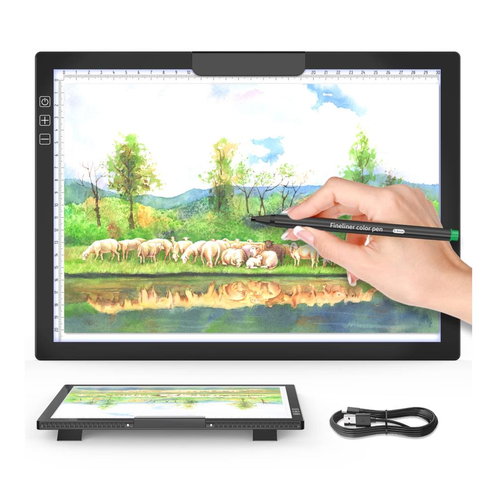 Wiederaufladbare Leuchtkästen Kabelloser A4 Leuchttisch mit LED-Licht Akku und Ständer – Ideal für Diamond Painting und Tracing – 6 Helligkeitsstufen Clip perfekt für Kinder (Schwarz