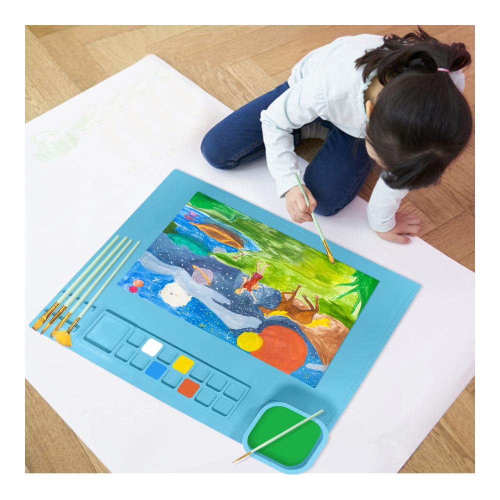 Kreativer Maluntergrund für Kinder | Schwämme mit Silikonunterlage | Inklusive Pinselbecher und Farbhalter | Abwaschbar | 508 x 406 cm | Ideale Kunstmatte für K