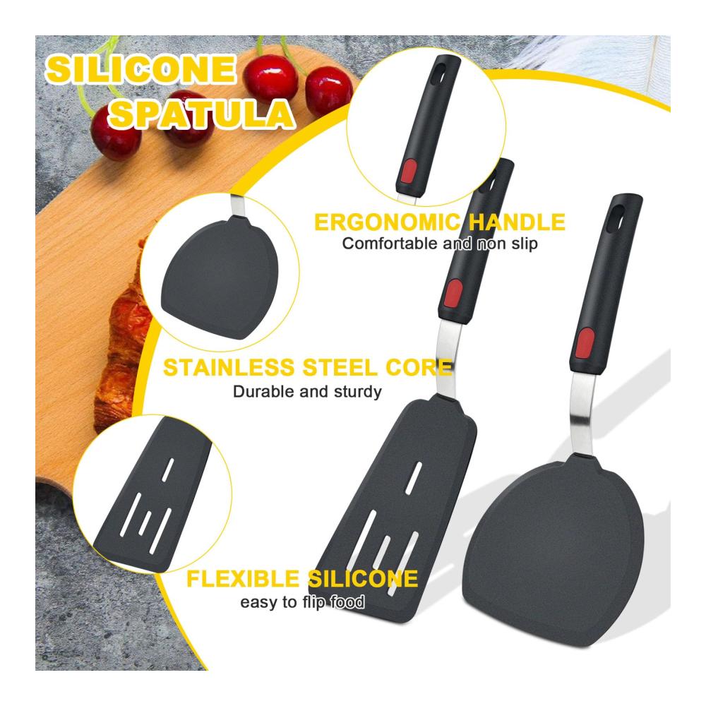 2er Set Premium Silikon Spachtel für perfekte Pfannengerichte - Ideal für Spiegeleier Pfannkuchen Fisch Burger-Patties und mehr (Schwarz) - Küchenh