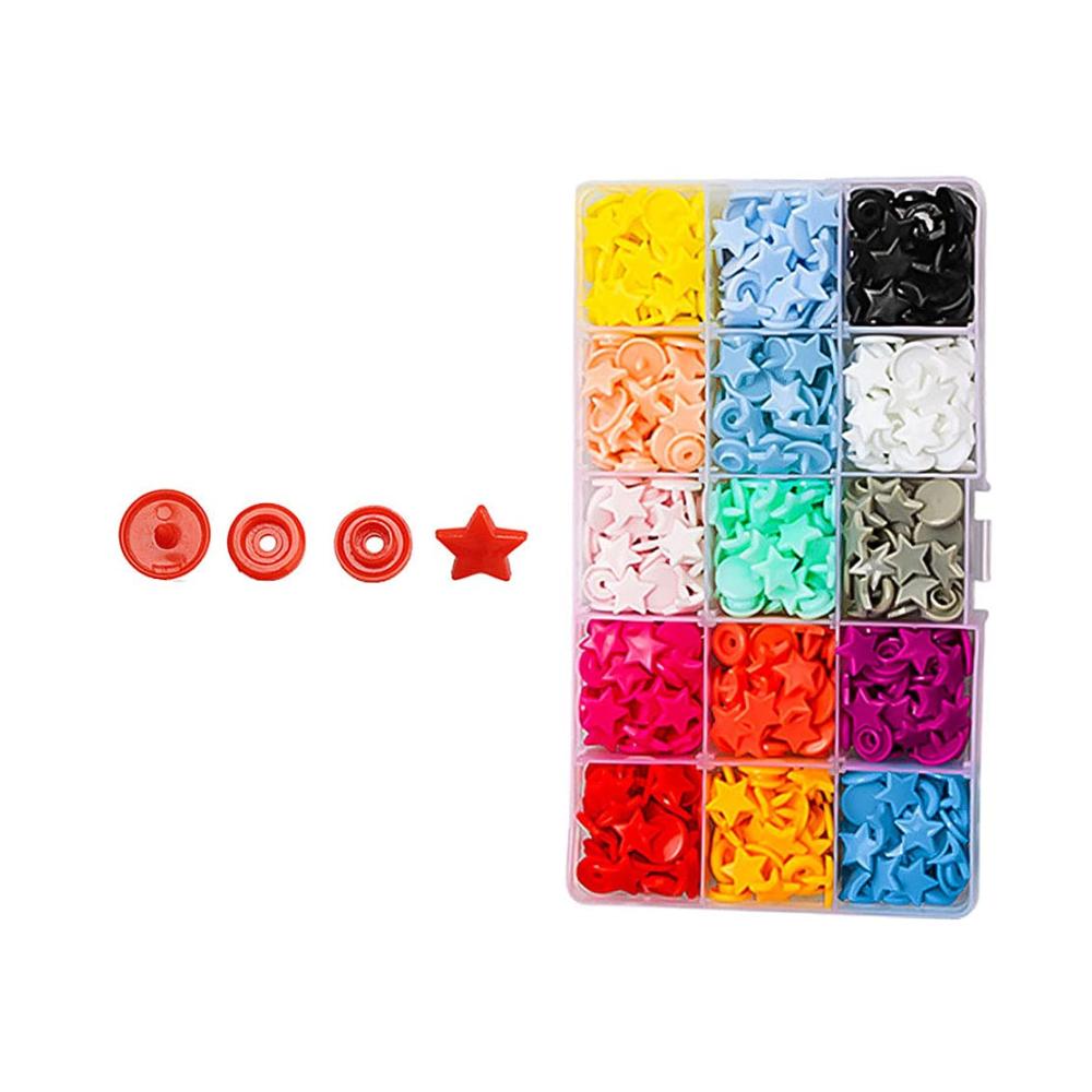 Handwerkzeuge 150 Sets Kunststoff-Harz No-Näh-Knöpfe Verschlüsse in Herz/Stern/Blume - Druckknöpfe Zangen-Set für DIY-Nähprojekte - 15 Farben T3 T5 T8 Zange inklusive - Perfekte Nähwerkzeuge für alle Kleidungsstile