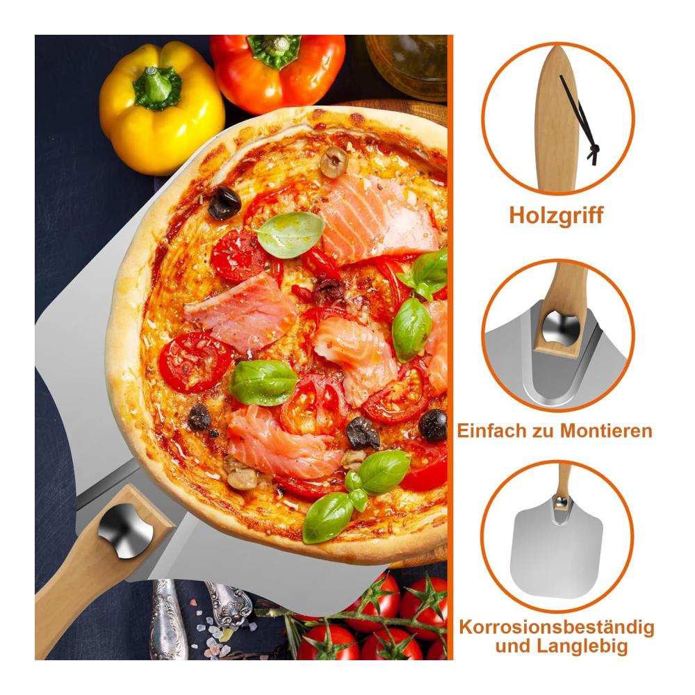 Premium Pizzastein-Set mit Extra Großem Aluminium Pizzaschieber (35.7x30.5cm) Einklappbarem Holzgriff & Pizzamesser - Ideale Pizzaschaufel für Grill & Ofen Perfekt für Große Pizzas