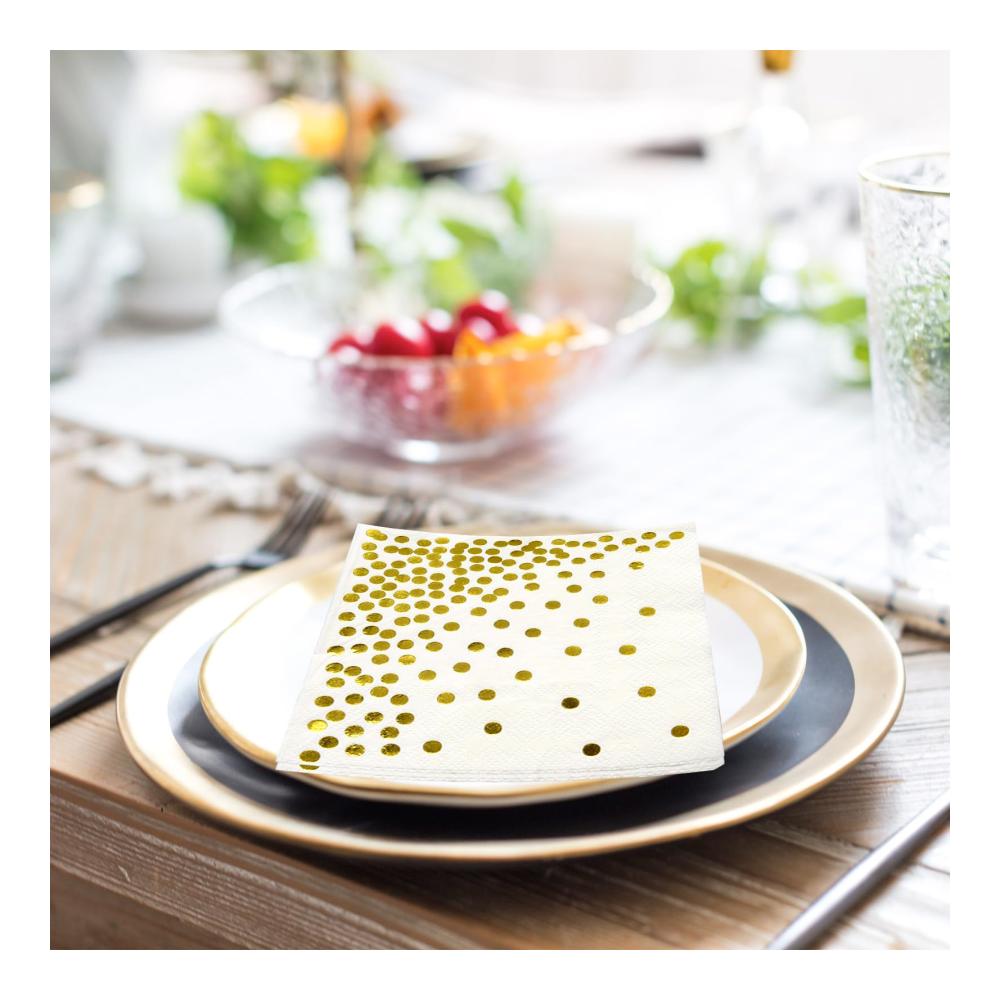 Servietten Gold Dots 80 Stück 2 lagig - Elegante Golden Foiled Papierservietten - Weiße Serviette mit Goldenen Punkten - Ideal für Deko Party Geburtstag Hochzeit und Feiertagsfeier - 33 x 33 cm