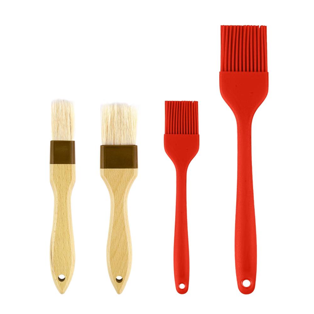 Hochwertiger Silikon-Backpinsel-Set 4Stk Lebensmittel-Pinsel mit Borsten & Buchenholzgriff – Perfekt zum Verteilen von Öl Soße & Butter in Küche Grill & Backofen (Rot