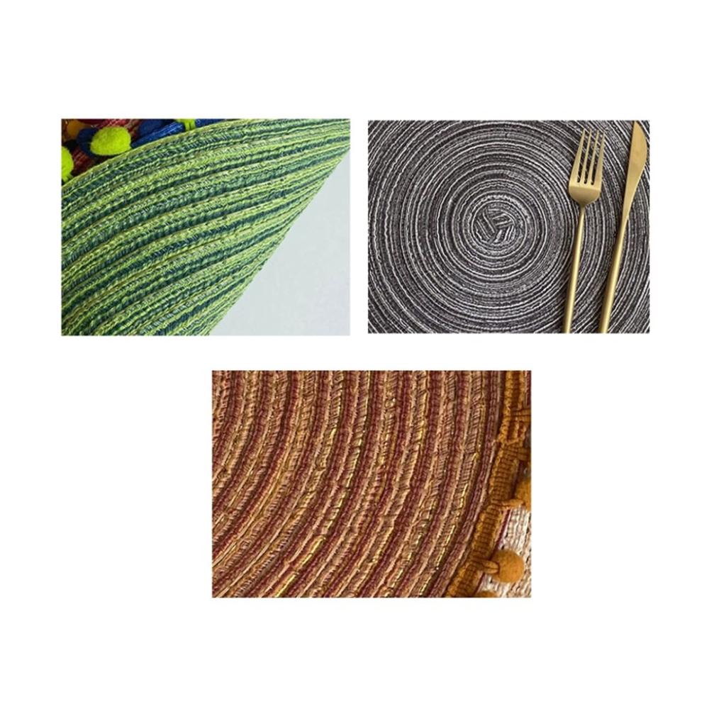 Entdecken Sie Eleganz 6er Set Runde Platzsets 38cm Waschbar & Gewebt - Boho Chic Design mit Pompom Quasten - Hitzebeständige & rutschfeste Tischuntersetzer für stilvolle Mahlzeiten - Grüne Akzente für perfekte Tischdek