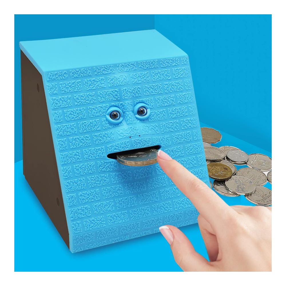 Kinderzimmer Deko Lustige Gesichtsbank Spardose - Automatisches Münzen-Essen & Musikspiel - Tolles Geschenk für Kinder - Batteriebetrieben (Blau