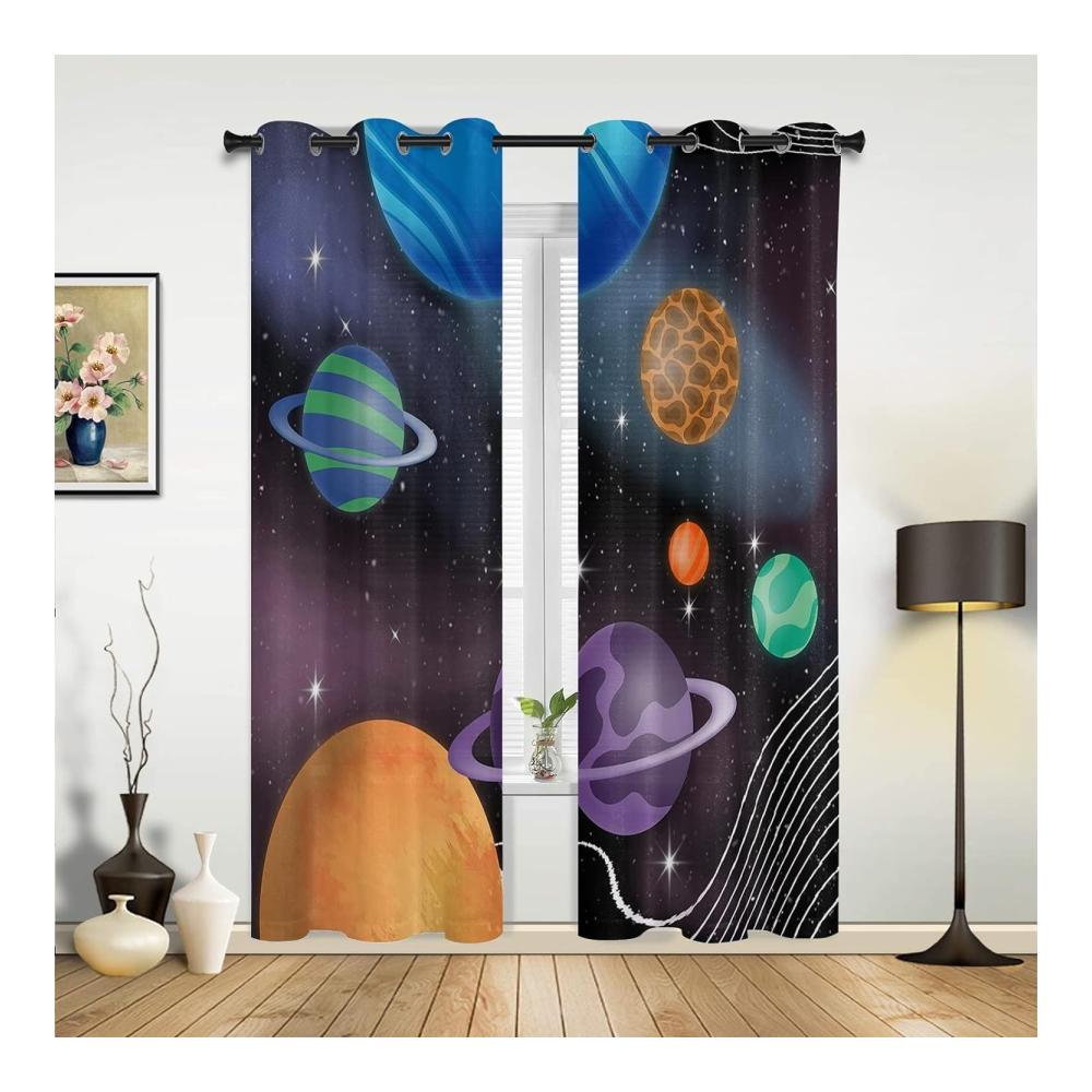 Graue Planet Gardinenschals - Blickdichte Verdunklungsgardinen mit Ösen | 3D-Druck für stilvolle Schlafzimmer- und Wohnzimmerdekoration | Set aus 2 | Größe B 117 x H