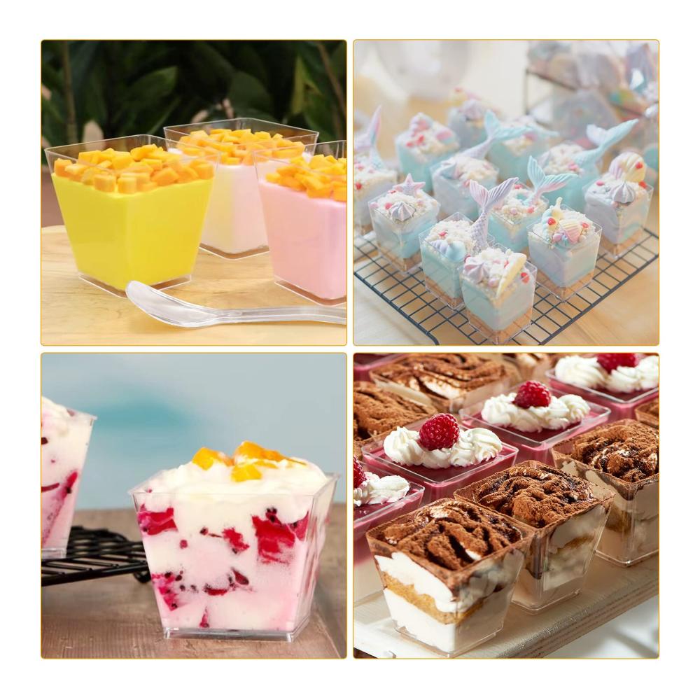 Premium Dessertbecher Set 30 Stück 200ml quadratische Dessertschalen mit Löffeln - Perfekt für Dessertpartys Pudding Mousse & Eis - Wiederverwendbare Kunststoffschalen & Schüsseln