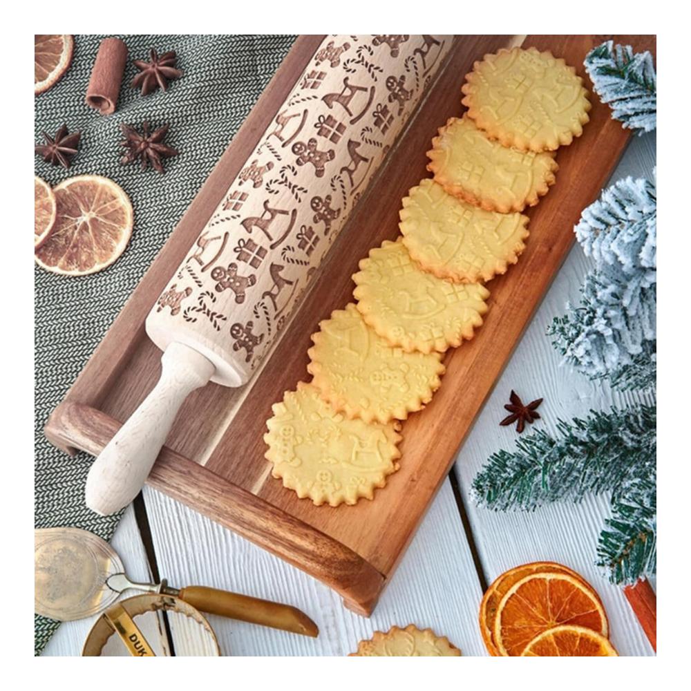 Holen Sie sich den festlichen Teigspaß! Teigroller Weihnachten - Buche Geschnitztes Nudelholz mit Weihnachtsmustern - DIY Backzubehör für die Feiertage - Ideales Geschenk für Backliebhaber