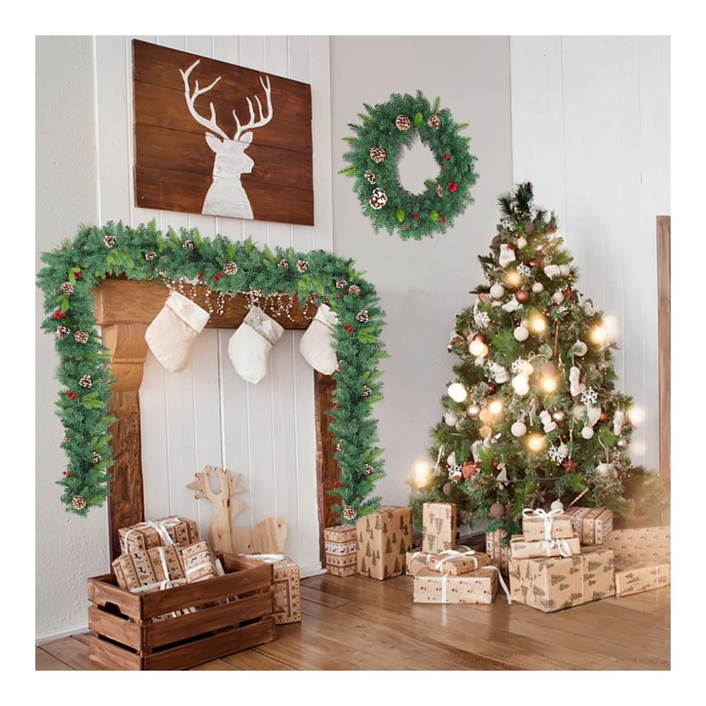 Weihnachtskranz & Tannengirlande Set - Künstliche Tannenzapfen & Rote Beeren - 50cm Durchmesser - Dekorative Weihnachtsdeko für Innen & Außen - Festliche Girlanden & Kränze für Hauswand & Tür