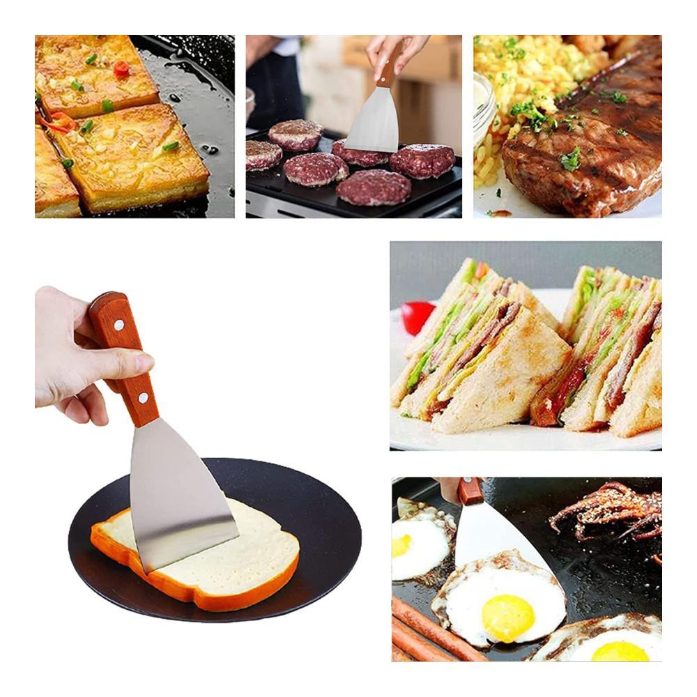 Grillspachtel Set aus Edelstahl - 3-teilig | Robuste Spachtel für Grillen Teppanyaki & Reinigung | Mit Holzgriff und Schaber | Hochwertiges Grillwerkzeug für Profis und Hobbyköche