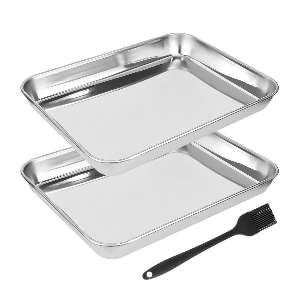 Hochwertige 2 Stück 23.5x17.5x2.5cm Edelstahl Backbleche-Set für Gesundes Backen und Braten | Rechteckige Fettpfanne für Ofen | Ungiftig & Spülmaschinenfest | Backform zum Servieren von Kuchen und mehr