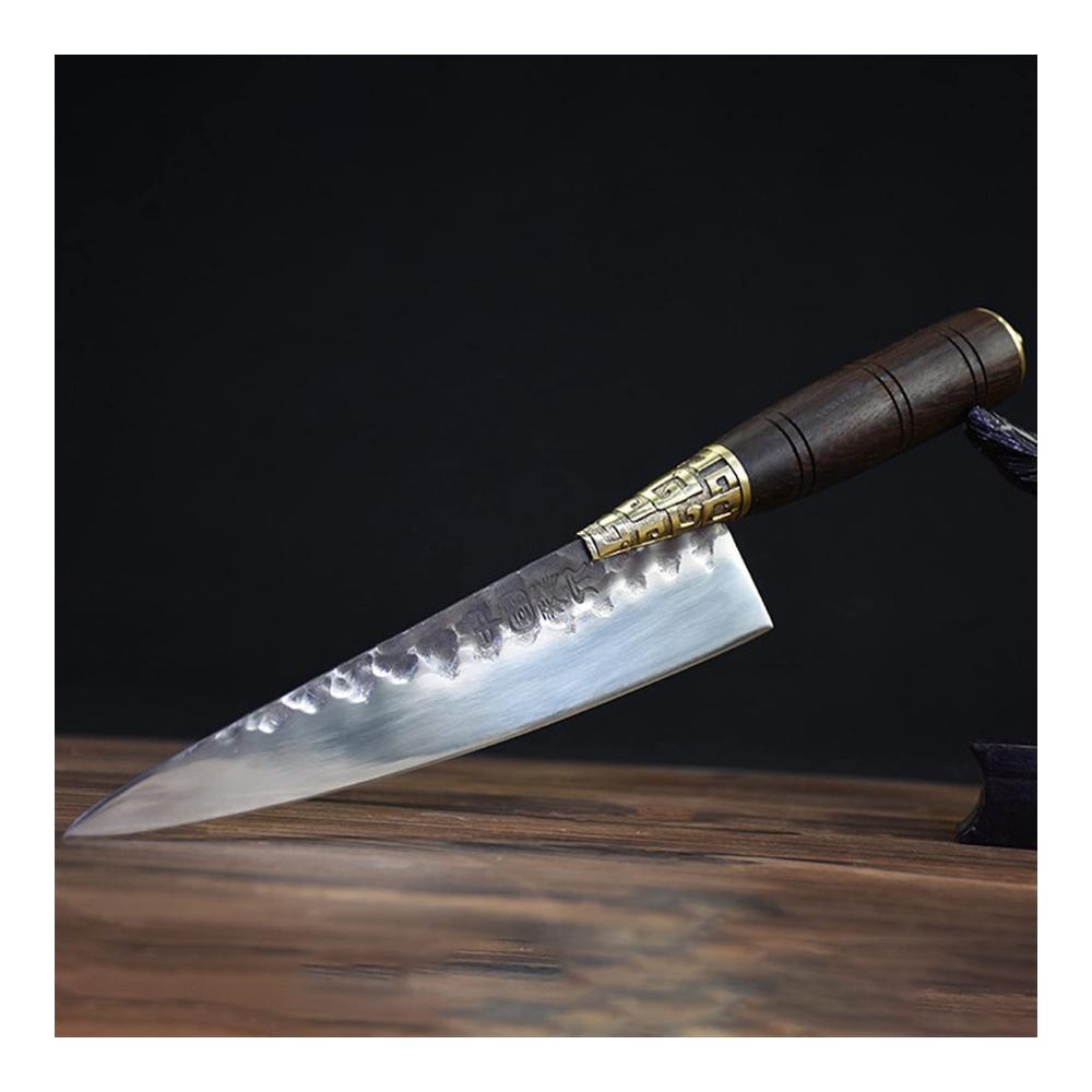 Profi Kochmesser 8-Zoll Handgefertigt aus Hochkarätigem Kohlenstoffstahl - Scharfes Sashimi Messer mit Kupfer-Dekor und Rosenholzgriff - Inklusive Klingenschutz und Gratis-Schleif
