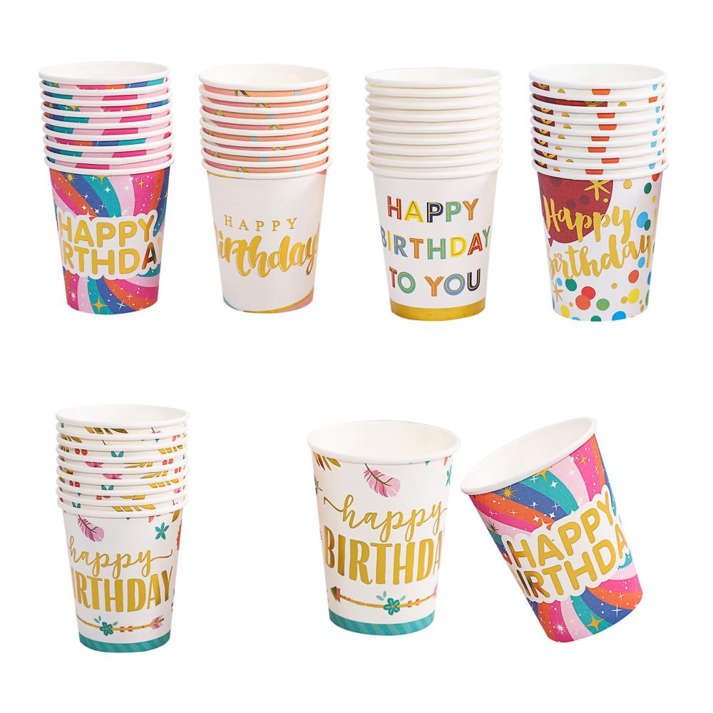 Entdecken Sie den Glanz der Feierlichkeiten! 100x Bunte Einweg Pappbecher - Stilvoll bedruckt mit HAPPY BIRTHDAY! Ideal für Partys Kaffee Tee und mehr. Umweltfreundlich 250ml/9oz Kapazität