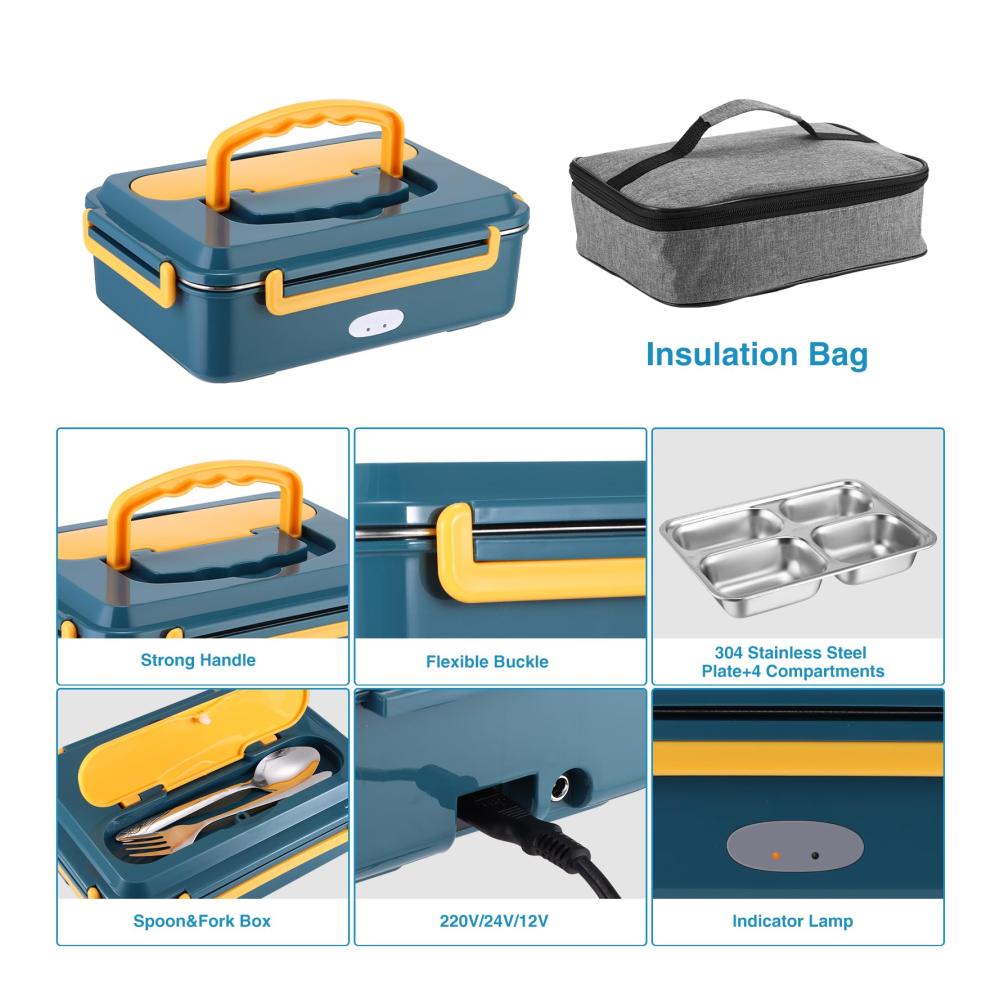 Elektrische Lunchbox 1.5L - Tragbare Brotdose mit 4 Abteilen & Besteck - Isolierte Tasche - Speisenwärmer für Auto Büro & Zuhause - 12V/24V/220V - Warmhaltefunktion - Ideal für unterwegs