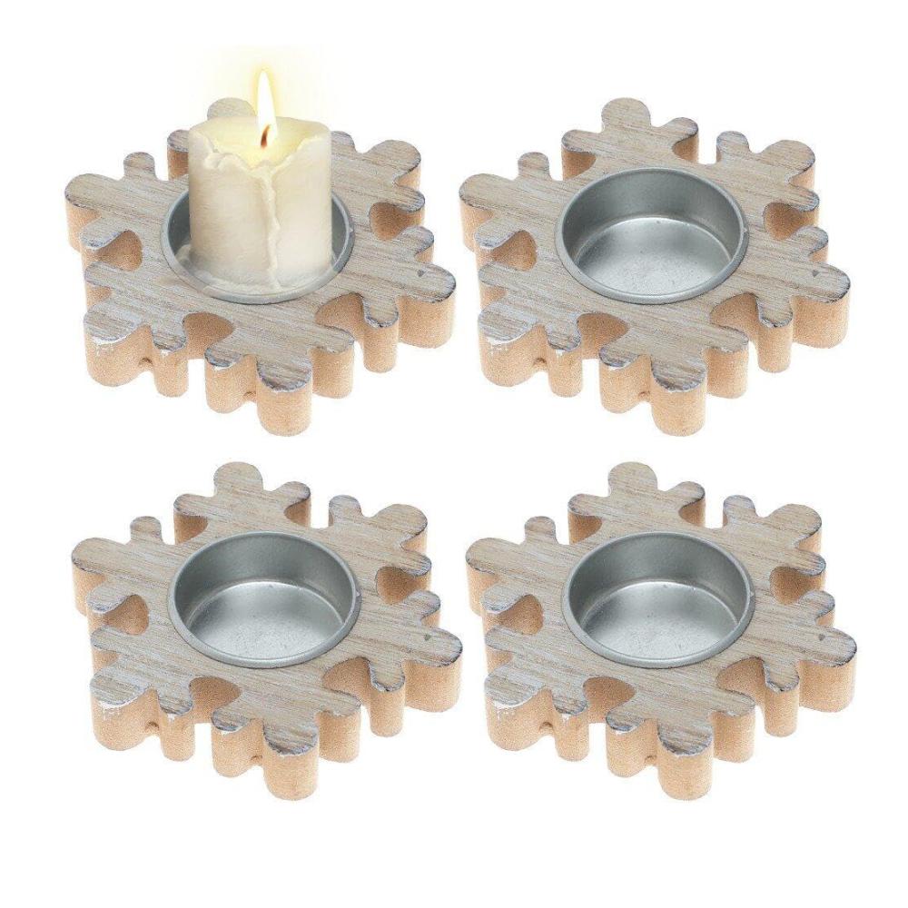 Eleganter Teelichthalter-Set 4 Stk. Weihnachts-Teelichtkerzenhalter aus Holz mit Weihnachtsbaum Schneeflocke und Stern Motiven. Perfekt für Wohnzimmer Esszimmer Hochzeitsfeier & Desktop-Dekor. Ideal für die festliche Stimmung