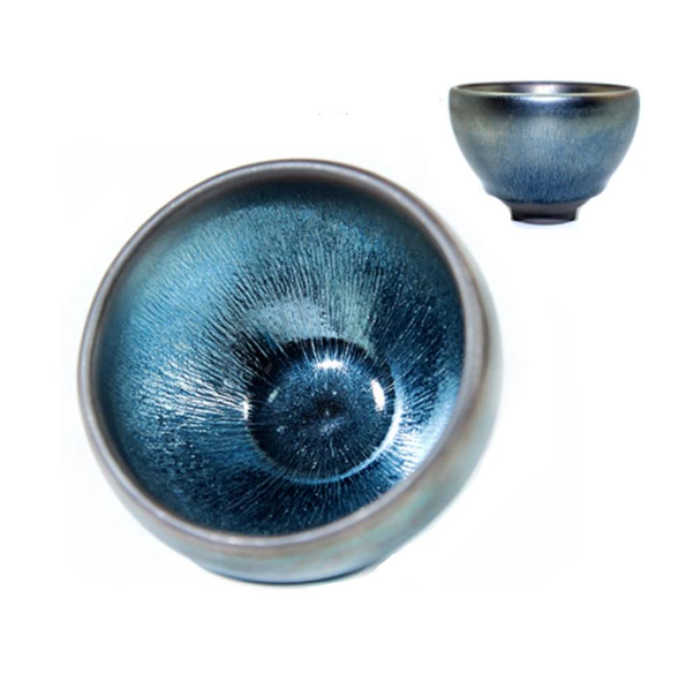 Keramik Teetassen Set Handgefertigte Vintage Tenmoku Teegeschirr Künstlerischer Griff Glasierte Tassen & Untertassen 120 ml Ideales Geschenk für Teeliebhaber Elegantes Design in Silberblau
