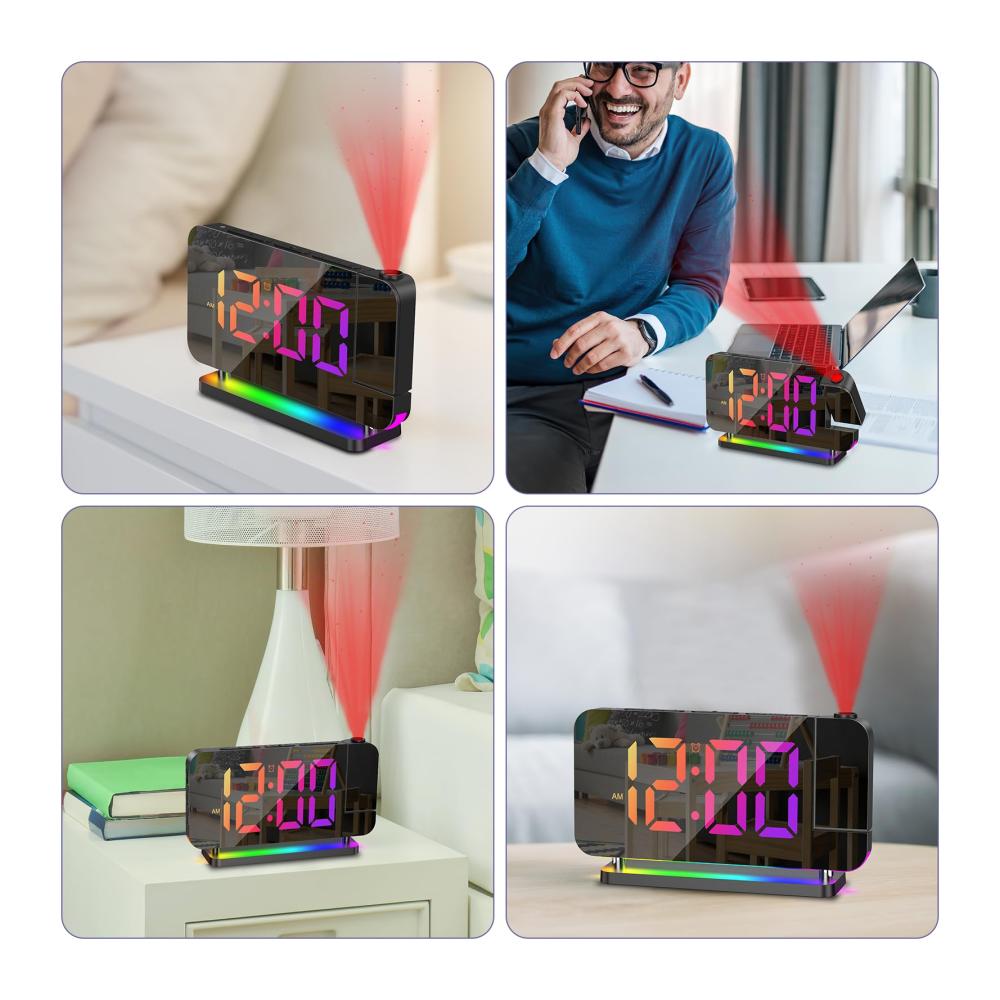 Hightech-Projektionswecker mit 180°-Projektion & 10-Farben-Nachtlicht | Digitale Uhr mit 7 RGB-LEDs | Snooze USB-Ladegerät |